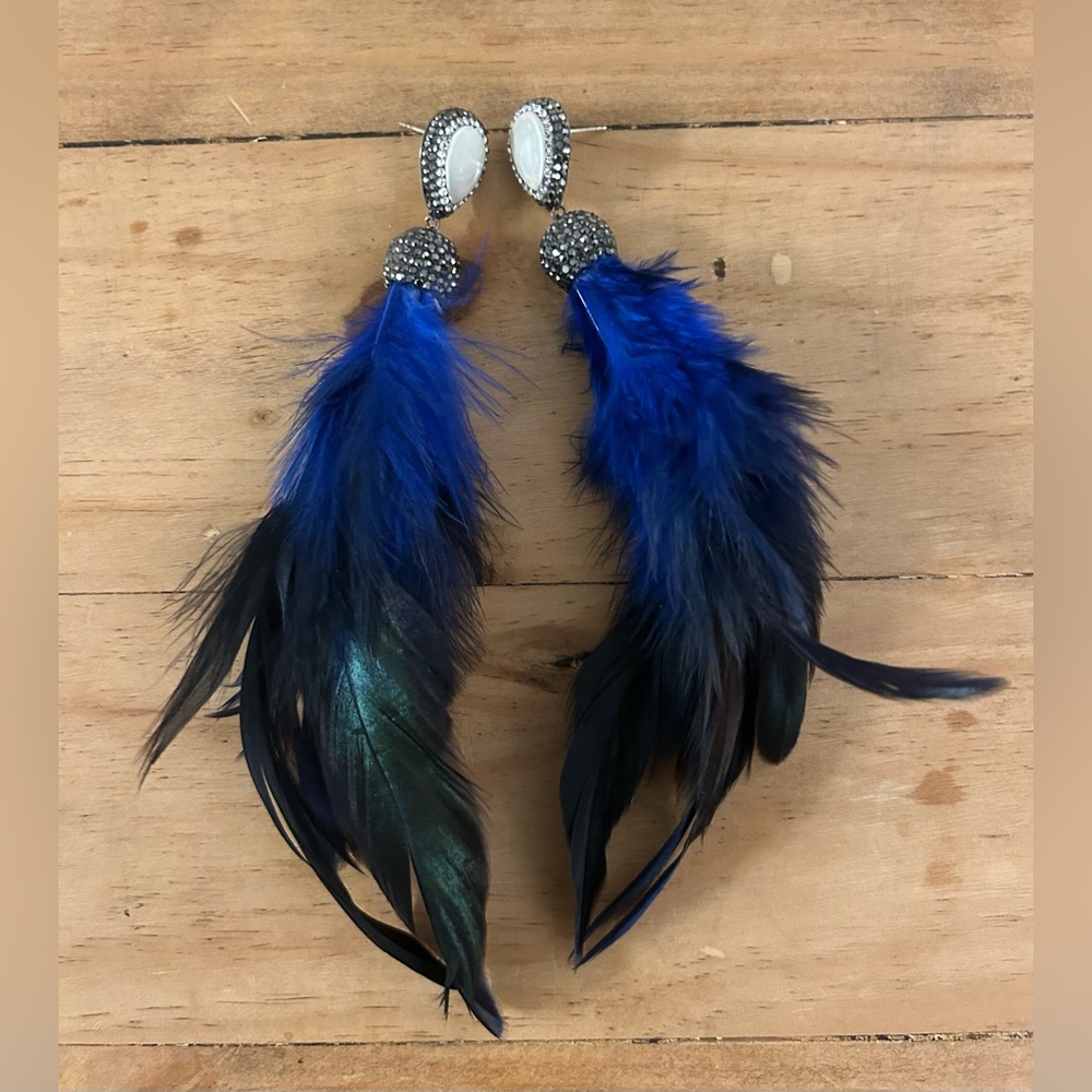 Dark Blue Feathered Earrings - 6.5” long - Worn Once